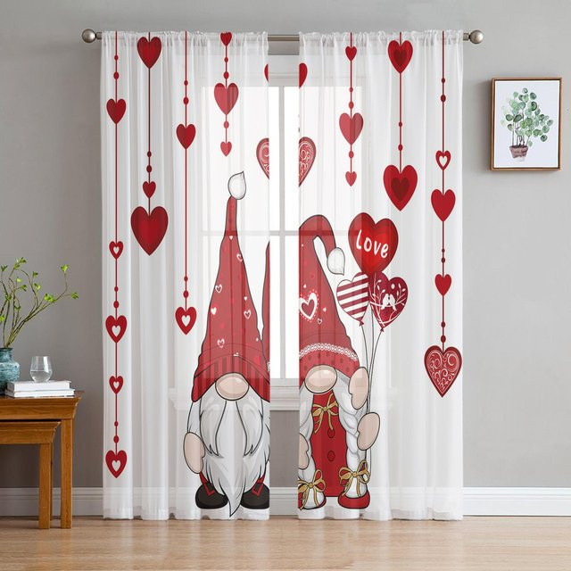 Yiran Furniture Transparentes Tüll-Voile-Fenstervorhang mit Rosen- und Herzdesign in Rosa, Breite: 135 cm, Höhe: 115 cm - Bild 1