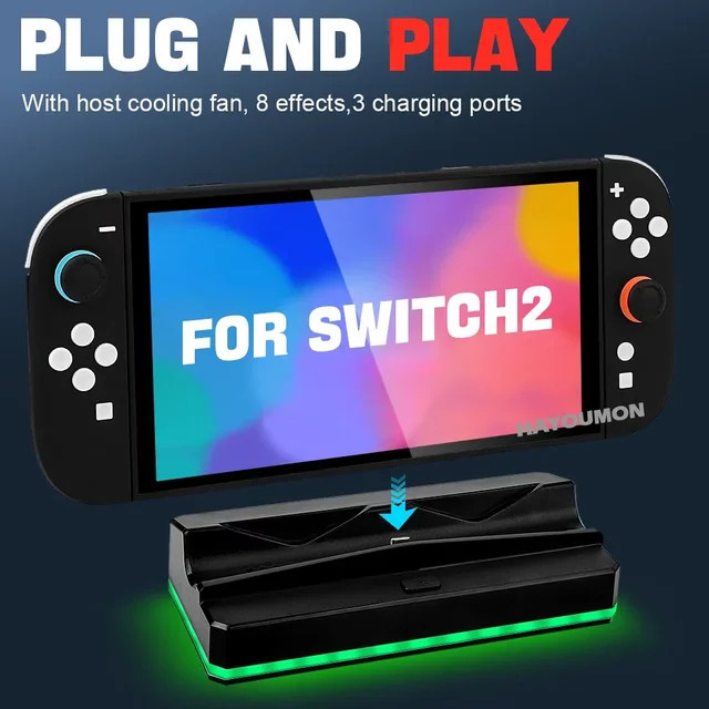 HeroAngel Tragbare Ladestation für Nintendo Switch mit Kühlventilator, USB-A-Anschluss und RGB-Beleuchtung in Schwarz - Bild 1