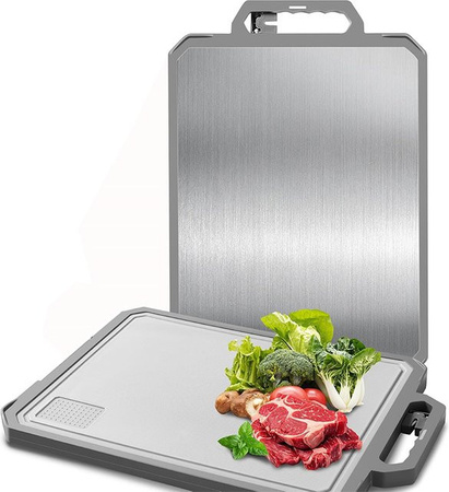 LMETJMA Großes Schneidebrett aus Edelstahl in Silber, doppelseitiges Metallschneidebrett mit Keramikschärfer, rechteckig