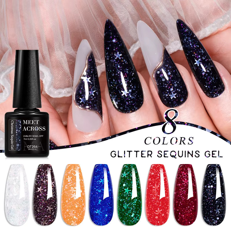 MEET ACROSS Gel Nagellack Set, Schneeflocken Glitter Pailletten, 6/8 Stück - Bild 2