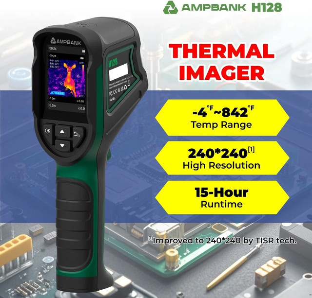AMPBANK H128 Handgehaltene Wärmebildkamera in Schwarz mit 240 x 240 TISR Auflösung, 25 Hz und IP54 Wasserdichtigkeit für elektrische Tests und HVAC-Reparaturen - Bild 1