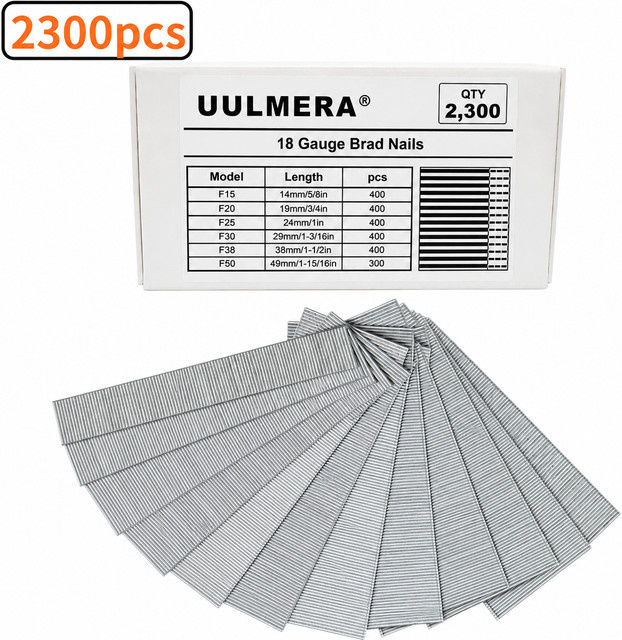 UULMERA 2300 Stück 18 Gauge Brad-Nägel Set, verzinkter Stahl in Silber, 6 Größen: F15/F20/F25/F30/F38/F50 für pneumatische und elektrische Brad-Nagler - Bild 1