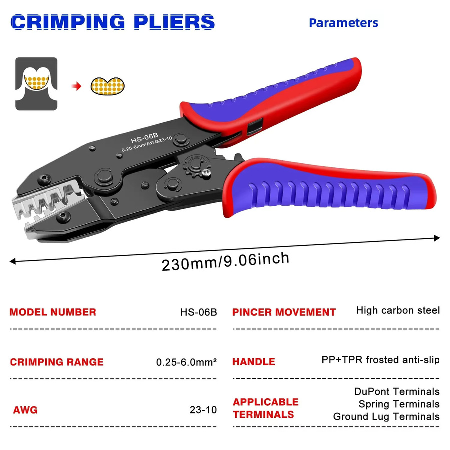 ACOONY HS-06B Draht-Crimpzange für XH2.54, Dupont, 3.96, 2.8, 4.8, 6.3, Handcrimpwerkzeug für offene Zylinder, 0,25–6 mm2, 23–10 AWG - Bild 4