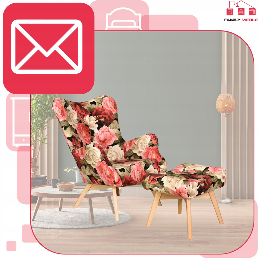 Skandinavischer Ohrensessel Luna Print mit Hocker-Pouf von Family Meble in blumigem Stoffdesign - Bild 2
