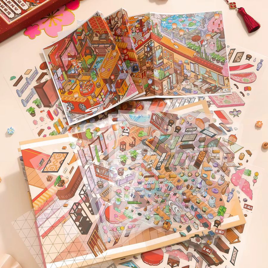 Lange faltbare 3D-Landschaftsaufkleber im antiken Stil für DIY-Sammelalben und handgefertigte Kunstwerke in Rot und Mehrfarbig - Bild 2