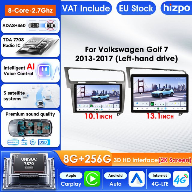 Hizpo 2K Bildschirm Kabelloses CarPlay Android Autoradio mit 360 Grad ADAS Kamera für Volkswagen Golf 7 2013-2017 in Schwarz - Bild 1
