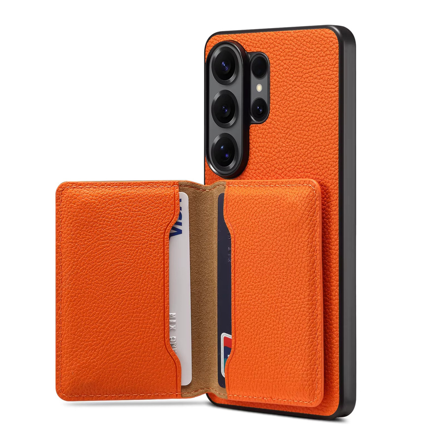 Denior Magnetische Leder Handyhülle mit Litschi-Muster und Kartentasche für Samsung Galaxy S26, S25 und S24, kompatibel mit kabellosem Laden, Schwarz und Orange - Bild 3