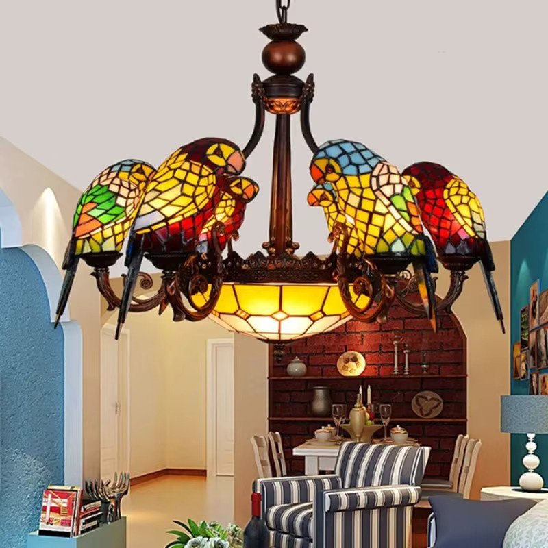 JIANKEXING Retro Glas Pendelleuchte mit buntem Papagei-Motiv für Wohnzimmer und Bar - Bild 2
