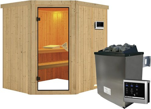 Karibu Sauna Maardu aus Fichtenholz mit 9 kW Saunaofen und externer Steuerung für 3 Personen, beige, B/T/H: 198 x 170 x 196 cm - Bild 1