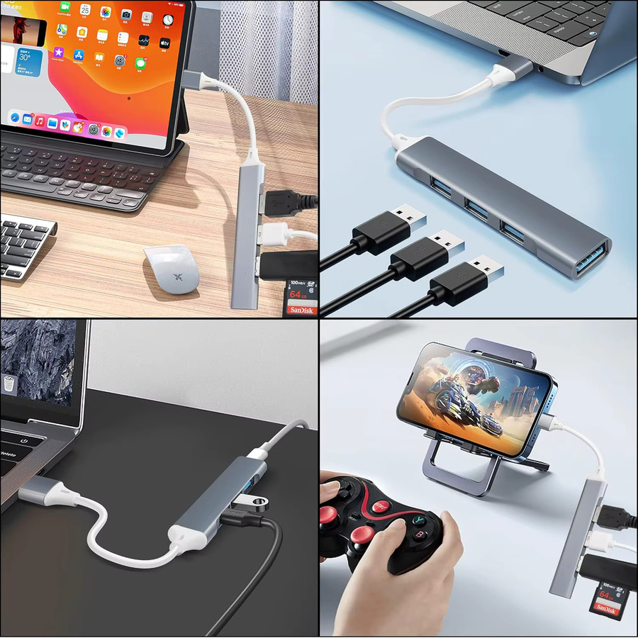 Tellyee USB-C USB 3.0 Multi-Port-Splitter 4-Port USB-Hub in Grau für PC und Laptop - Bild 2