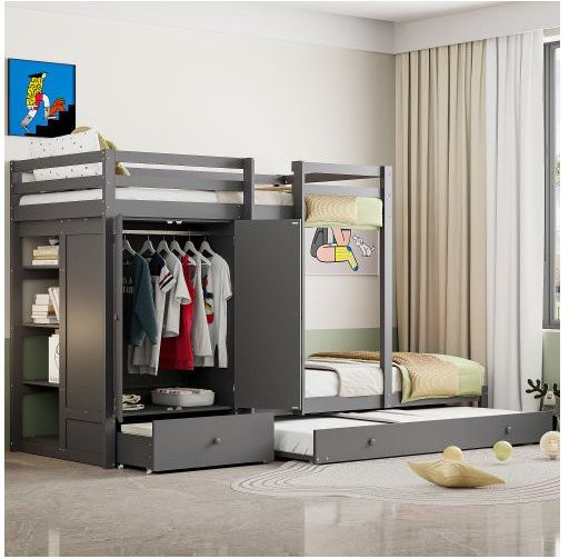 MUVOE Etagenbett aus Massivholz mit Ausziehbett, integriertem Schrank und Stauschubladen, Grau, B/T/H: 90 x 200 cm - Bild 1
