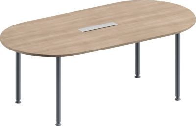 Schäfer Shop Genius Konferenztisch MODENA FLEX, ovaler Besprechungstisch mit 6-fach Anschluss und höhenverstellbarem 4-Fuß Rundrohr-Gestell, Eiche Dekor und Weißaluminium, B: 200 cm, T: 100 cm, H: 72-84 cm