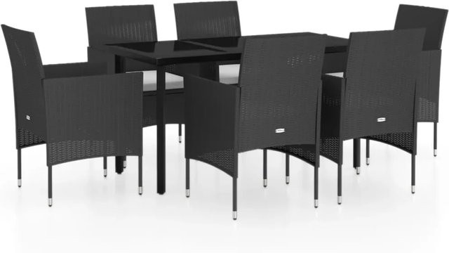 vidaXL 7-teilige Garten-Essgruppe in Schwarz mit Kissen aus Rattan und Glas - Bild 1