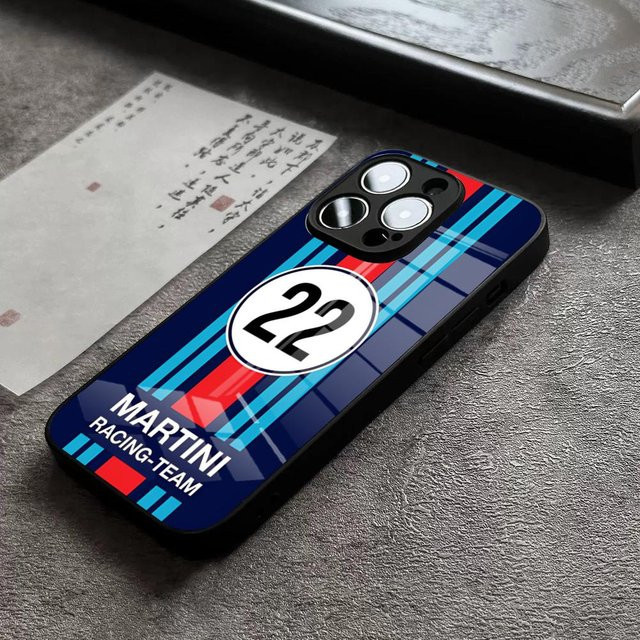 MartiniES Racing Telefonhülle mit horizontalen Streifen für iPhone 11 bis iPhone 17 Pro Max, Glas-Silikon-Rahmenabdeckung, Multicolour - Bild 1