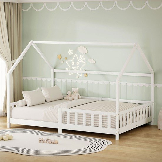 ML-Design Kinderbett im Hausdesign aus Kiefernholz mit Rausfallschutz und Dach, Weiß, B/T/H: 140 x 200 cm - Bild 1