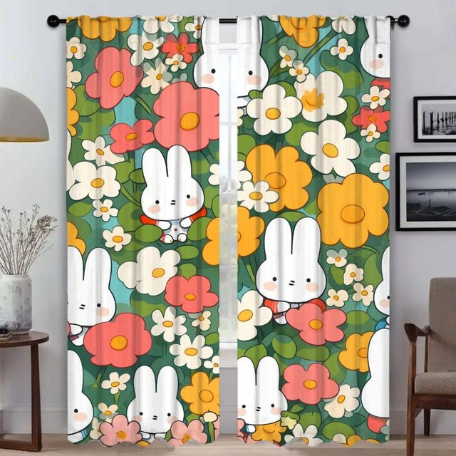 Bunte Hasen Vorhänge für Wohnzimmer und Küche, 2er-Set, Mehrfarbig, Breite: 50 cm, Höhe: 70 cm - Bild 1