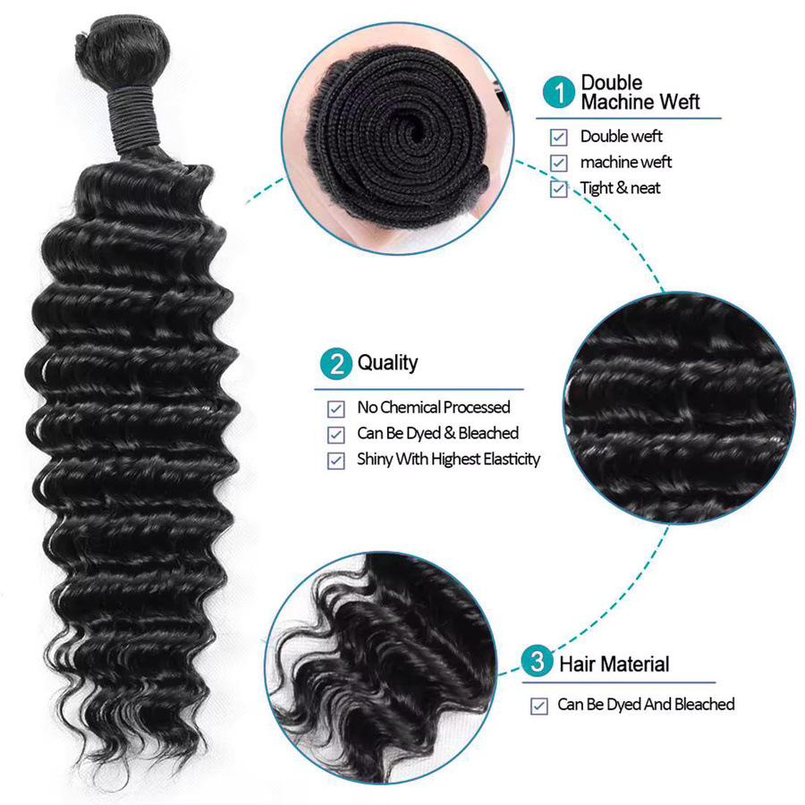 Ruinafen Deep Wave Remy Echthaar Extensions, 3 Bundles Set, Natürliche Farbe - Bild 4