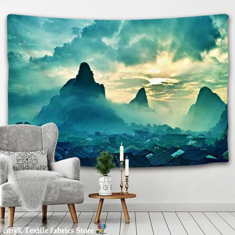 Super Six Wandteppich mit Landschaftsmotiv Berg und grünem Wasser, Bohemian Wandbehang in Mehrfarbig, B: 95 cm, H: 70 cm - Bild 1