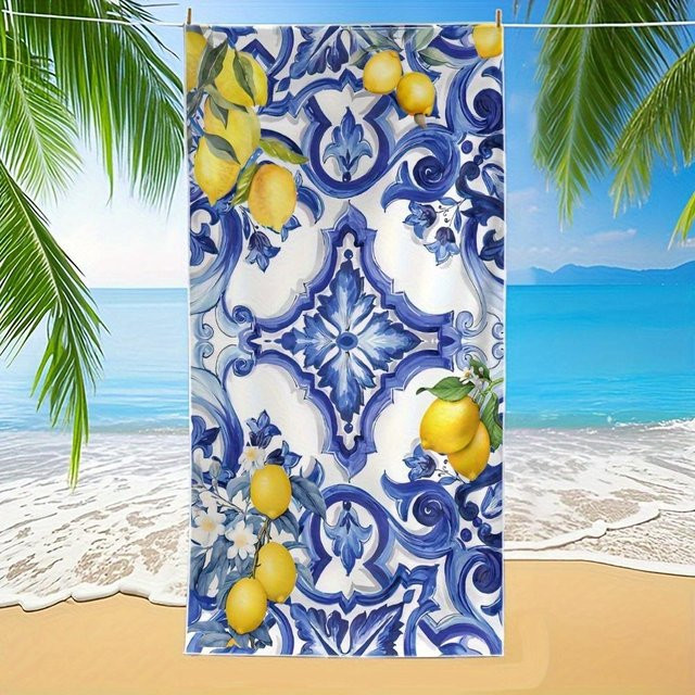 Strandtuch Ka Chen Muda mit Zitronen-Muster in Blau und Weiß, schnelltrocknend, B: 45 cm, H: 90 cm - Bild 1
