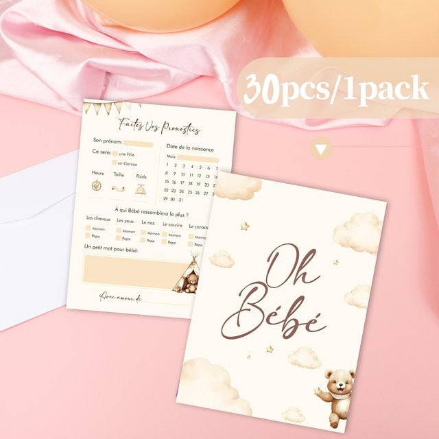 30 Stück Babyparty Ratenkarten mit niedlichem Bären-Design in Weiß zur Vorhersage von Name, Größe und Gewicht - Bild 1