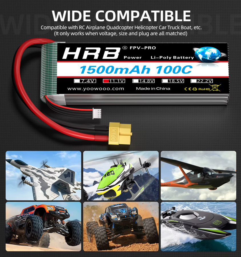HRB LiPo Akku 11,1 V 3S 1500mAh mit XT60 Stecker für RC FPV Flugzeuge, Drohnen, Racing Boote und Autos - Bild 5
