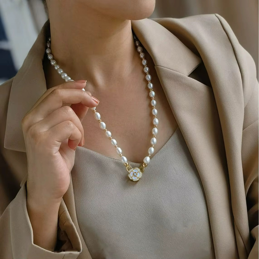 V-best Anhänger Halskette, Kamelie Blume, Süßwasser Perle, 14K Gold Gefüllt, Damen - Bild 2