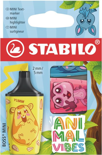 STABILO Boss Mini Animal Vibes Textmarker Set mit 3 Stück in Gelb, Pink und Blau - Bild 1