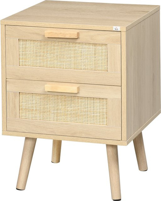HOMCOM Nachttisch im Boho Stil mit 2 Schubladen aus Rattan und Spanholz, Naturholzfarbe, B/T/H: 40 x 40 x 56 cm - Bild 1