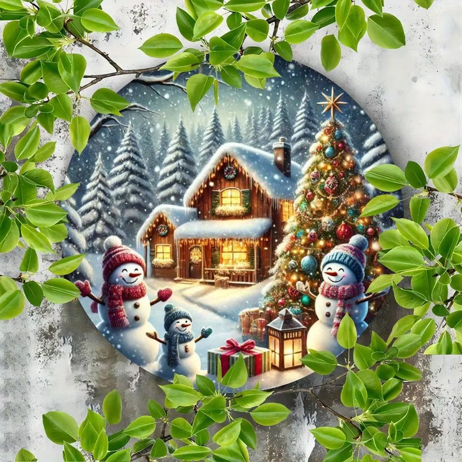 HELLOYOUNG Rundes Metallschild Weihnachtsschneemann und Baum zur Wanddekoration, Durchmesser: 20,3 cm - Bild 3