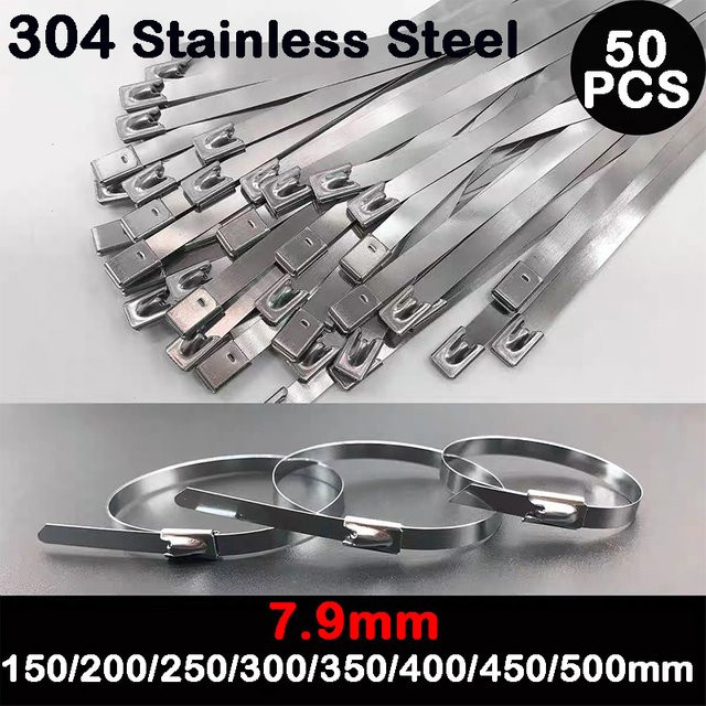 50 Stück Edelstahl-Kabelbinder in Silber, Breite: 7,9 mm, Länge: 150 mm, Mehrzweck-Metallkabelbinder für Auspufffolie und Anwendungen im Außenbereich - Bild 1