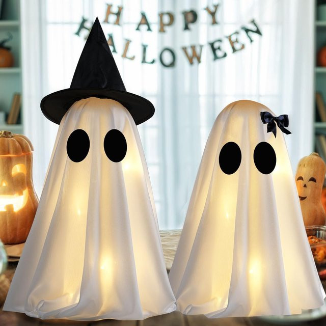 ZhimeiTrading Halloween-Geisterdekorationen Set mit 2 DIY-Gruselgeistern zum Basteln in Schwarz und Weiß für die Tischdekoration im Innenbereich - Bild 1