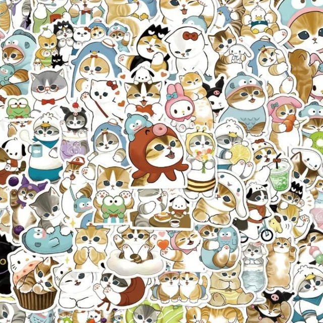 100 Stück Kawaii Katzen-Cartoon-Aufkleber von Bandai in Multicolour für Laptop, Koffer und Handy - Bild 1