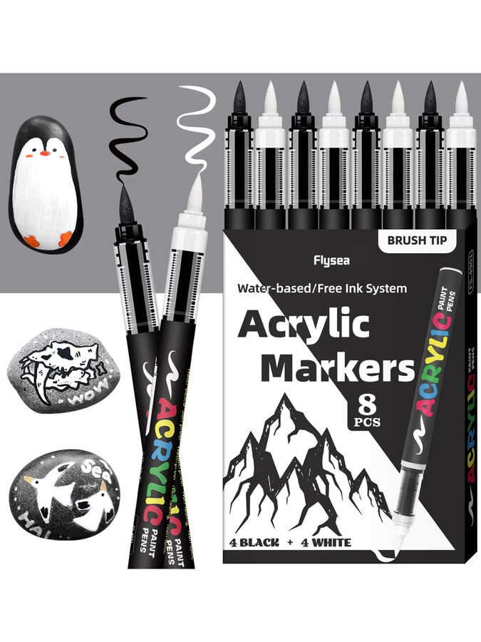 8-teiliges Haile Acrylmarker-Set in Schwarz und Weiß mit Pinselspitze für Illustrationen, Skizzen sowie Holz und Glas - Bild 7