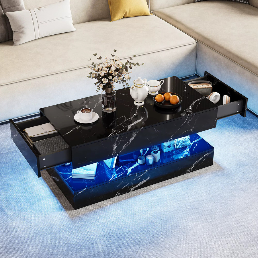 Anajqaqia Moderner Couchtisch in Schwarz mit Marmor-Effekt und Hochglanz-Finish, zweistufiger Sofatisch mit 2 Schiebeschubladen und offenem Stauraum, B/T/H: 100 x 50 x 45 cm - Bild 2