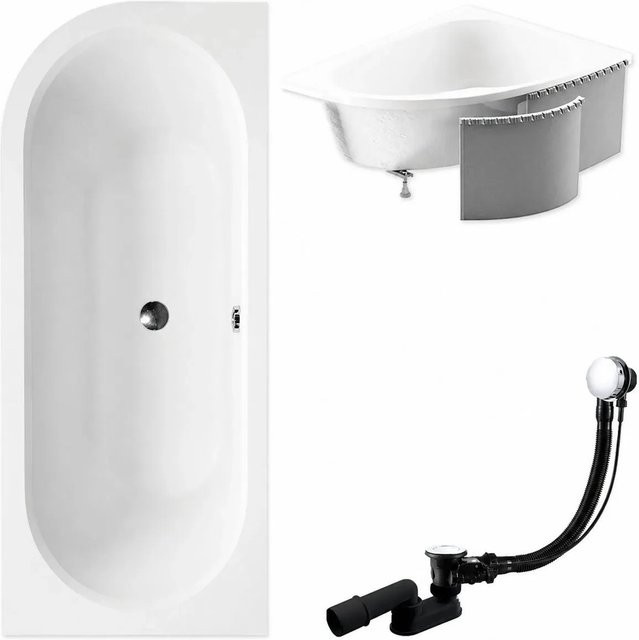 KOLMAN Eckbadewanne aus Acryl in Weiß, rechtsseitig mit Styroporverkleidung, rutschfest, inklusive Ablauf und Füßen, B: 160 cm, T: 75 cm - Bild 1
