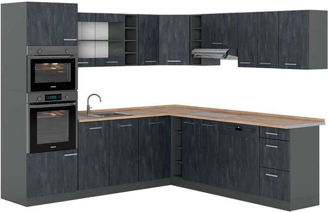 Vicco R-Line Eckküche in L-Form, Schwarz Beton/Anthrazit mit Arbeitsplatte Eiche, B/T/H: 247 x 266 x 206,8 cm - Bild 1