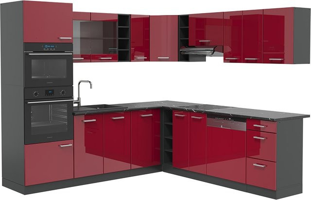 Vicco R-Line Eckküche Einbauküche in Anthrazit und Bordeaux Hochglanz - Bild 1