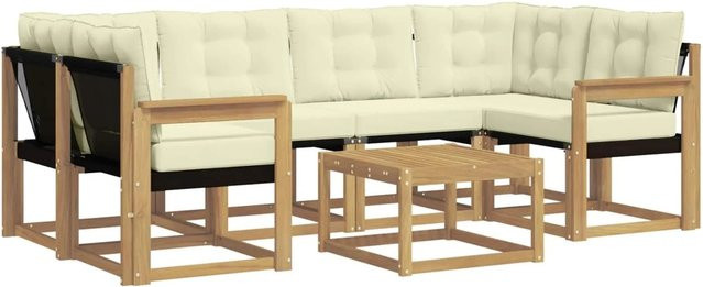 vidaXL Outdoor-Sofagarnitur 7-teilig in L-Form mit Kissen und Couchtisch, Akazienholz und Textilene, Weiß und Beige - Bild 1