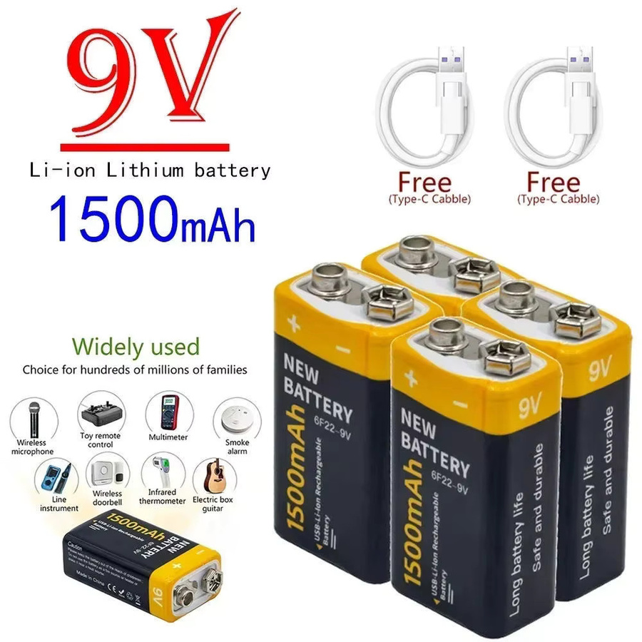 Wiederaufladbare 9V Lithium-Ionen-Batterie 6F22 mit 1500mAh und USB-Anschluss für Multimeter, Mikrofone und Spielzeug - Bild 1