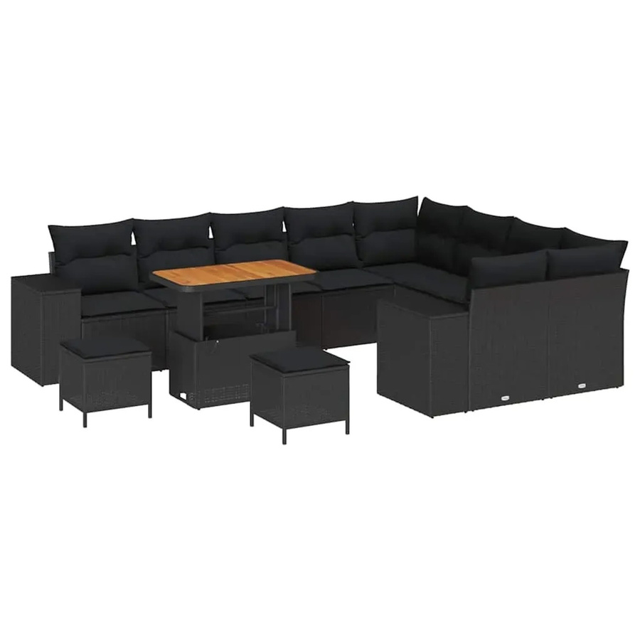 vidaXL Garten-Sofa-Set 12-tlg. in U-Form aus Poly-Rattan und Akazienholz, Schwarz - Bild 2