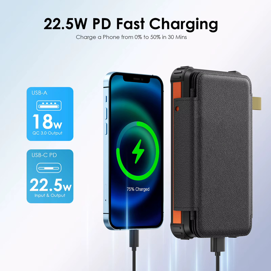 Solar-Powerbank 26800 mAh mit 4 Solarpanels und PD 22,5 W, kabelloses Solar-Ladegerät mit 3 Ausgängen, wasserdichter externer Akku für den Außenbereich in Schwarz oder Weiß - Bild 2