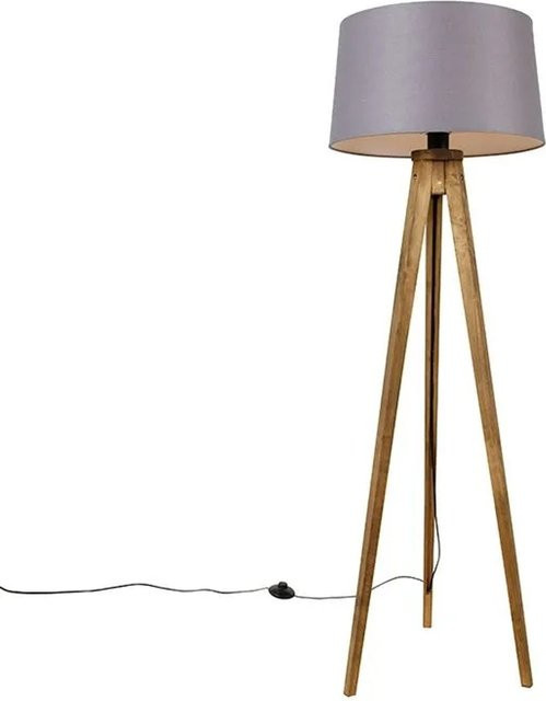 QAZQA Vintage Dreibein-Stehlampe aus Holz mit Leinenschirm in Dunkelgrau, Höhe: 136 cm - Bild 1
