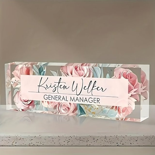 Personalisiertes Acryl-Schreibtischschild Hello Young mit floralem Rosen-Design in Rosa und Rot, rechteckiges Tischschild aus Kunststoff - Bild 1