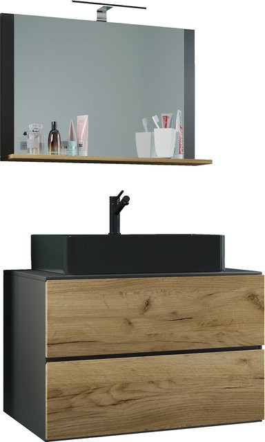 VCM Badmöbel Set Lendas M 3-tlg. mit Keramik-Waschbecken, Unterschrank mit Schubladen und Spiegel, Breite: 80 cm - Bild 1