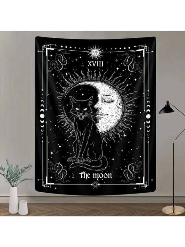 VIKAMA Mond-Tarot-Wandteppich mit schwarzer Katze und Stern-Mond-Muster in Schwarz, Wanddekoration für Wohnzimmer und Schlafzimmer - Bild 7