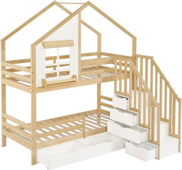 Merax Etagenbett für Kinder in Weiß mit Hausrahmen, Schubladen und Treppe, B/T/H: 200 x 90 x 120 cm - Bild 1