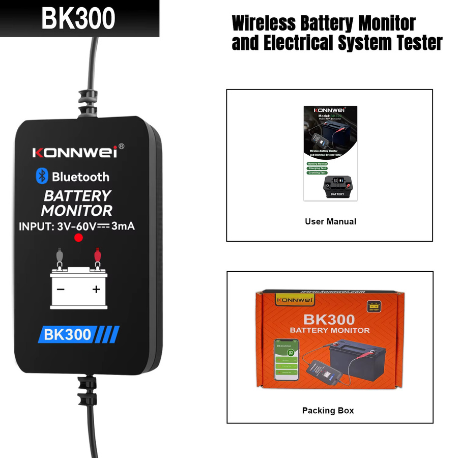 Konnwei BK300 Bluetooth Batterie Monitor für 12V und 24V, Wellenform Batterie Tester in Schwarz - Bild 6