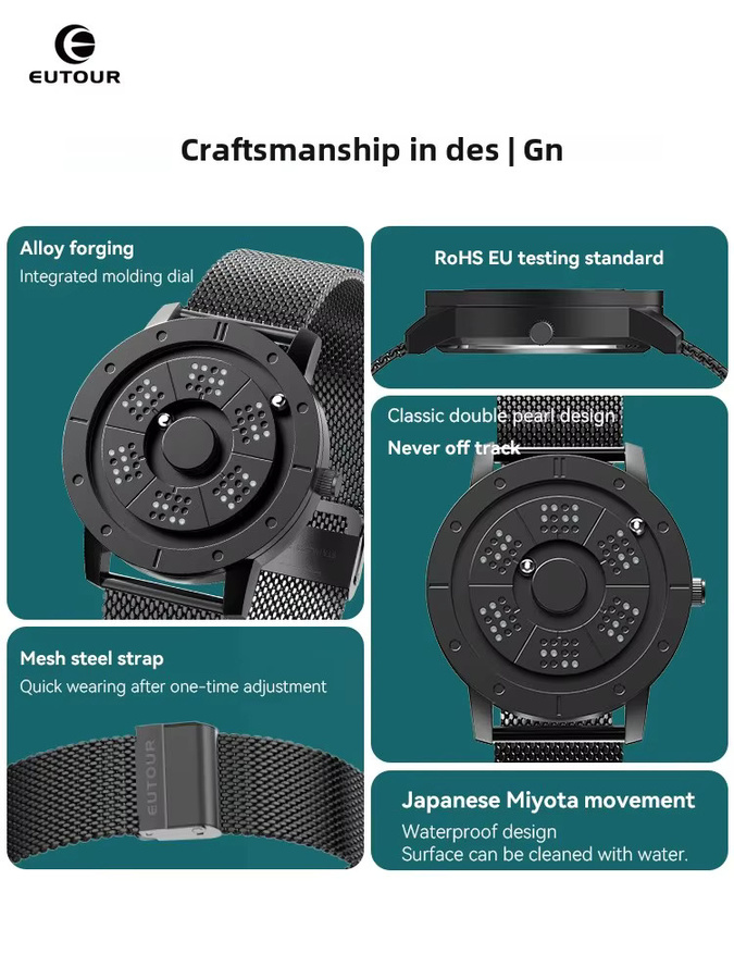 EUTOUR Armbanduhr Quarz, Edelstahl, Schwarz, Unisex - Bild 4