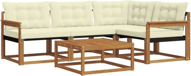 vidaXL Outdoor-Sofagarnitur 5-teilig in L-Form aus Akazienholz und Textilene mit Kissen in Natur und Creme - Bild 1