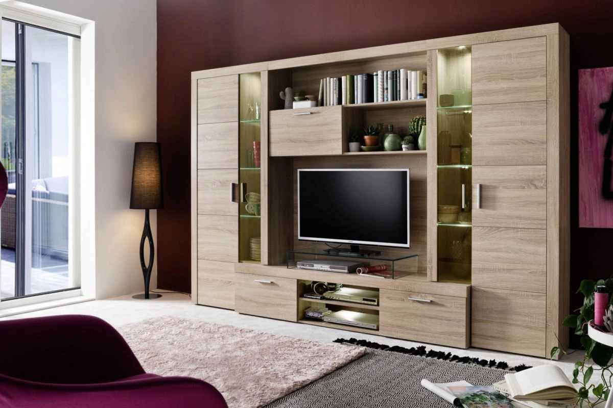 Wohnwand Kuga in Sonoma Eiche mit Beleuchtung, TV-Panel, Vitrine und Lowboard, B: 291 cm, H: 197 cm - Bild 4